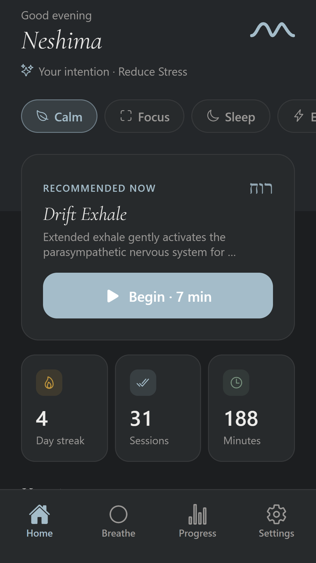 Neshima home screen with recommended session, streak and journey progress