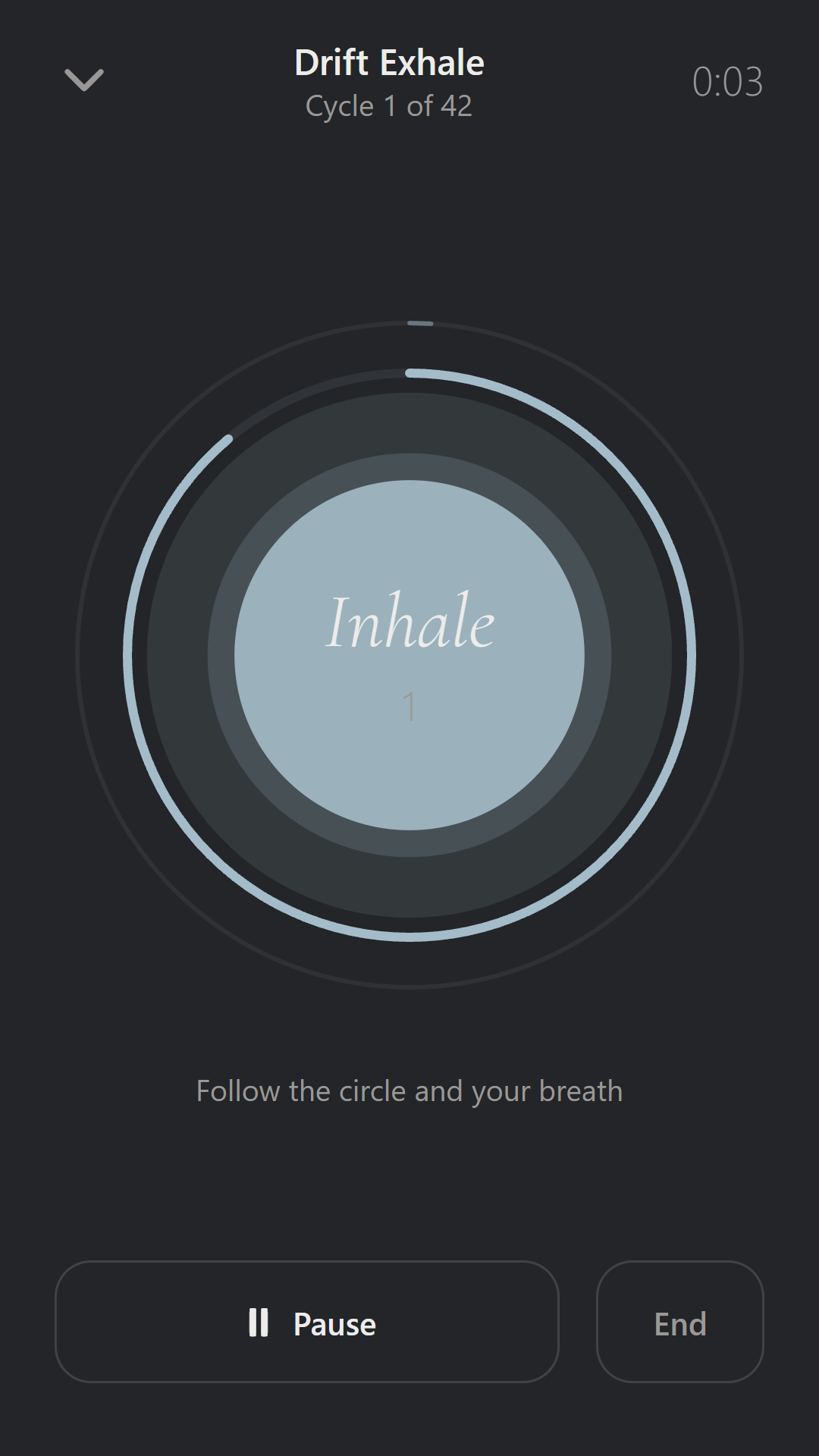 The Neshima breathing dial mid-inhale, showing the cycle count and phase label